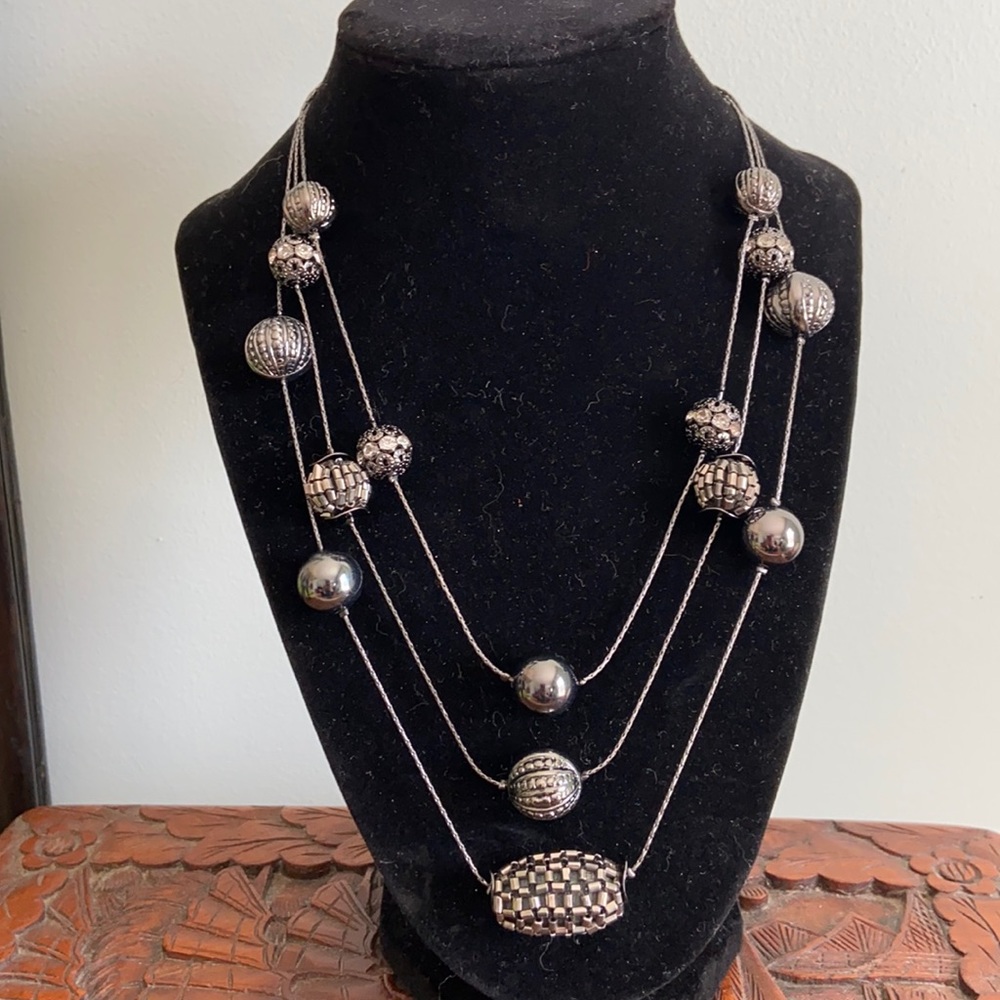 Three Strand Bead Rhinstone Pearl Necklace